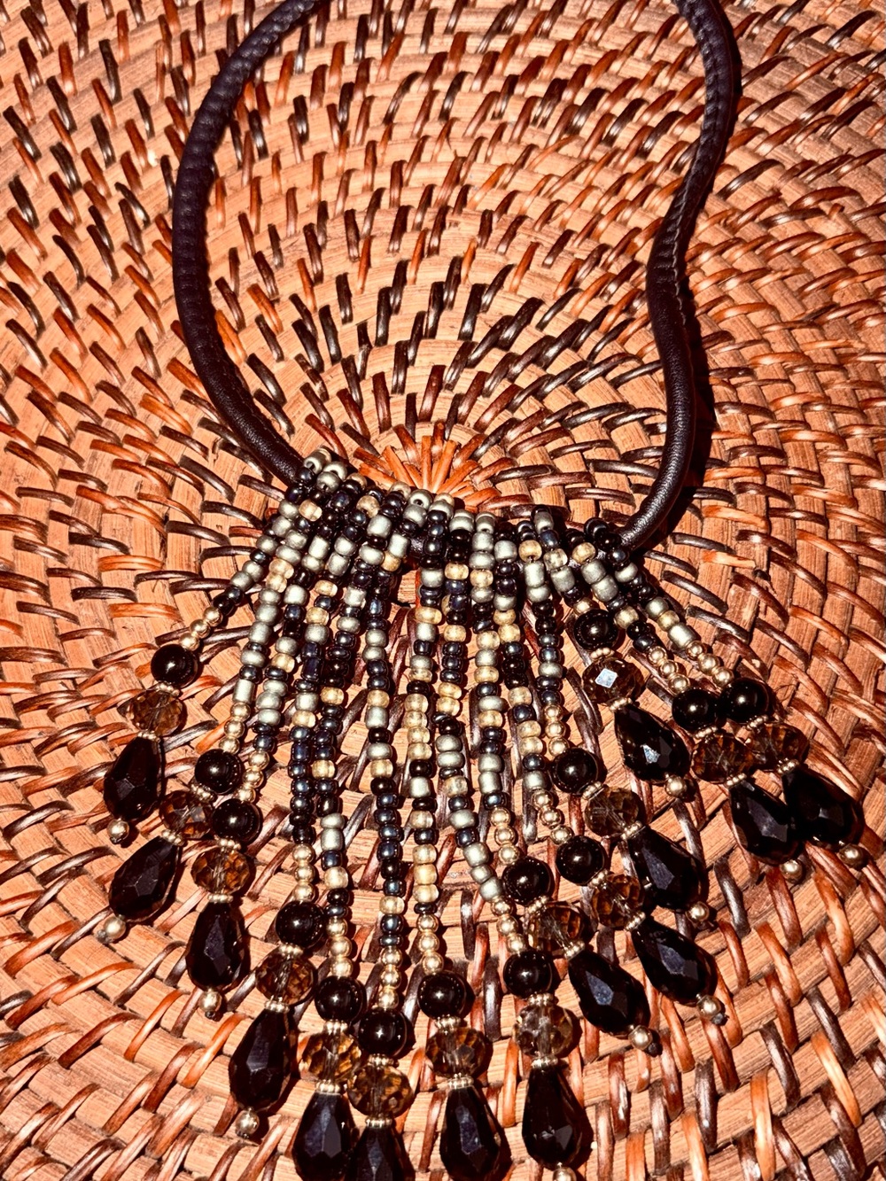 Source Unknown Black and Gold Beaded Fringe Necklace
